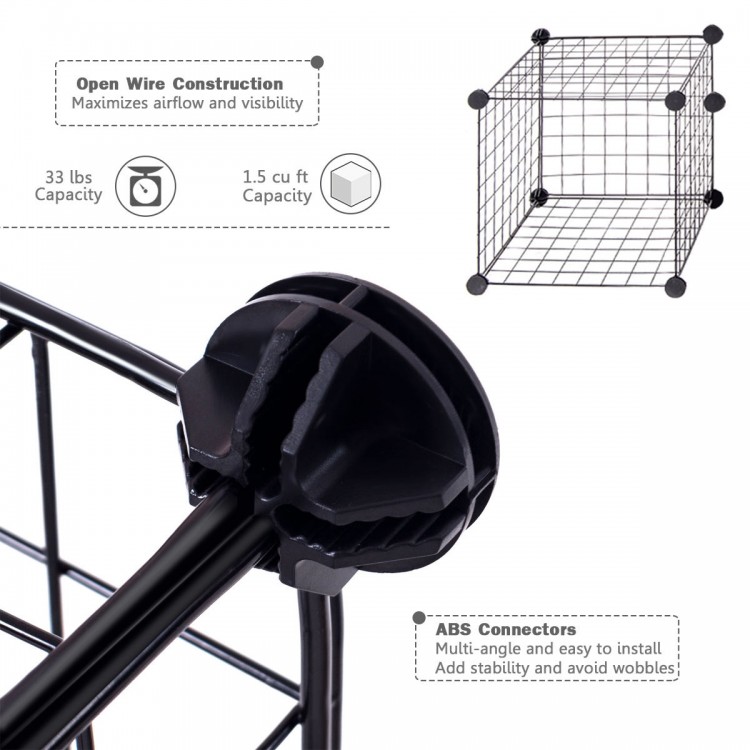 Close-up of a DIY 8 Cube Grid Wire Cube Shelf with ABS connectors, featuring open wire construction for airflow and.
