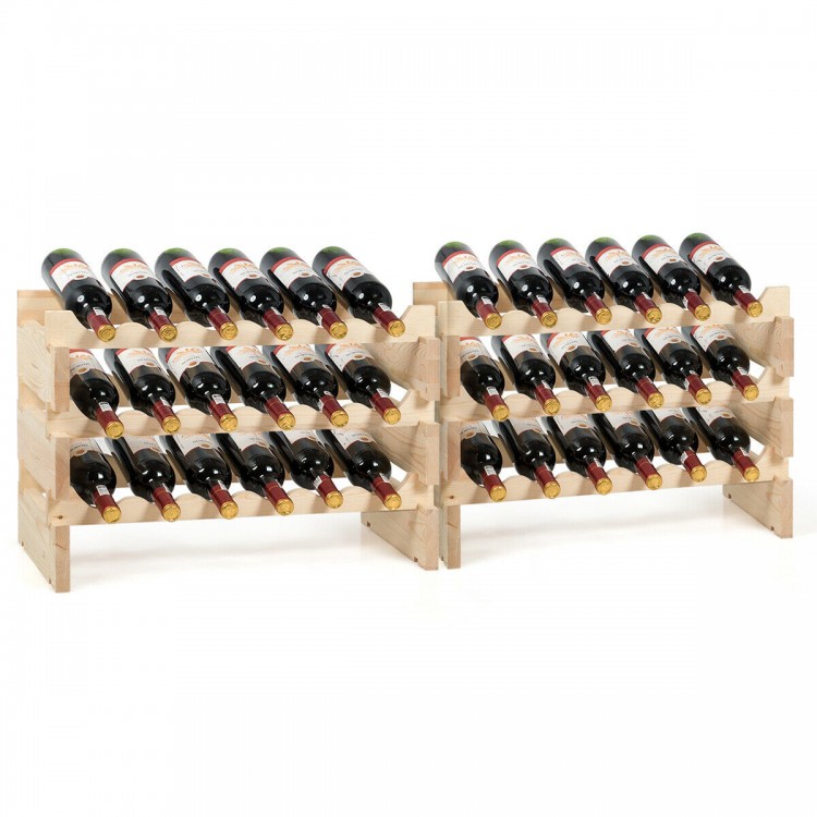 36-bottle wooden wine rack displaying an angled view, featuring a wobble-free design and durable pine for stylish.