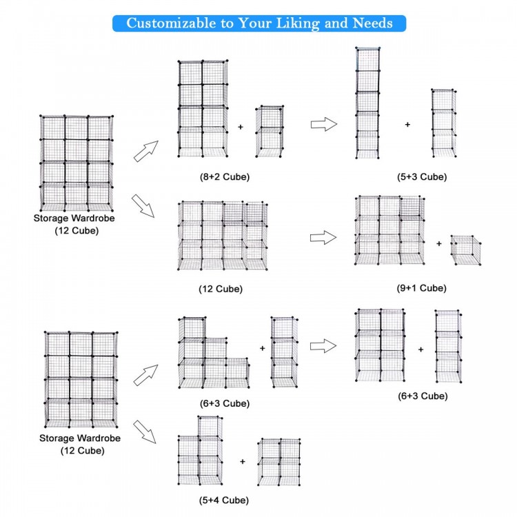 8 cube grid wire storage shelves in various configurations, made from black steel wire for versatile organization.