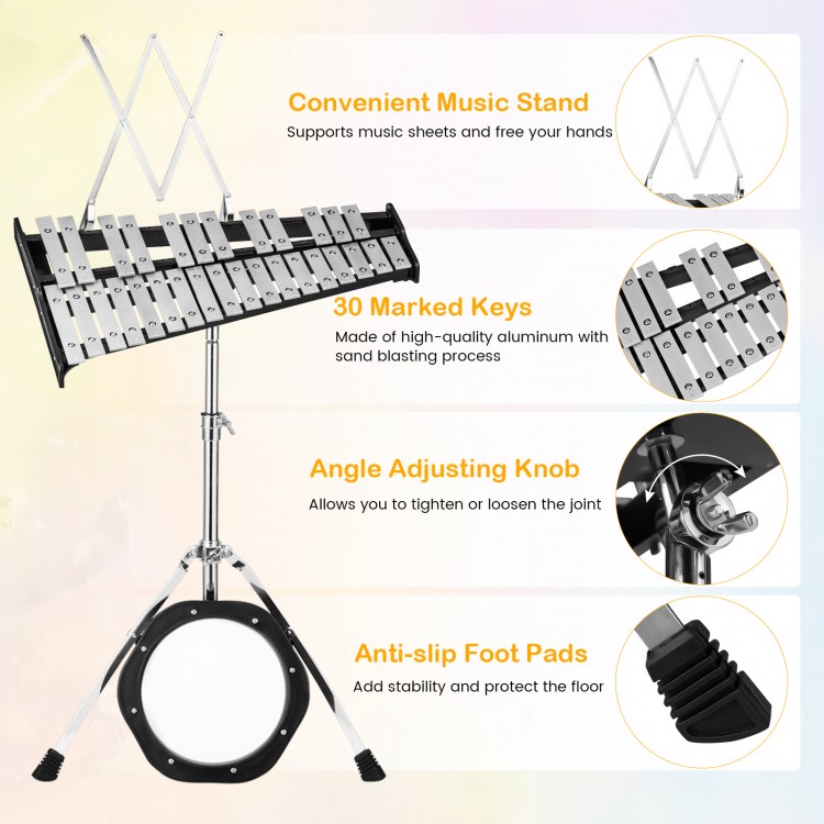 30-note percussion glockenspiel with adjustable stand, aluminum keys, and anti-slip foot pads for stability during.