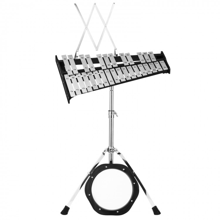30-note percussion glockenspiel with adjustable metal stand, practice pad, mallets, and carrying bag for easy transport.