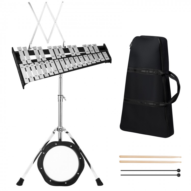 30-note percussion glockenspiel with adjustable stand, mallets, and carrying bag, ideal for beginners and practice.