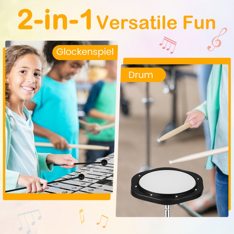 Percussion glockenspiel with adjustable metal stand, bell mallets, and drumsticks for versatile music practice.