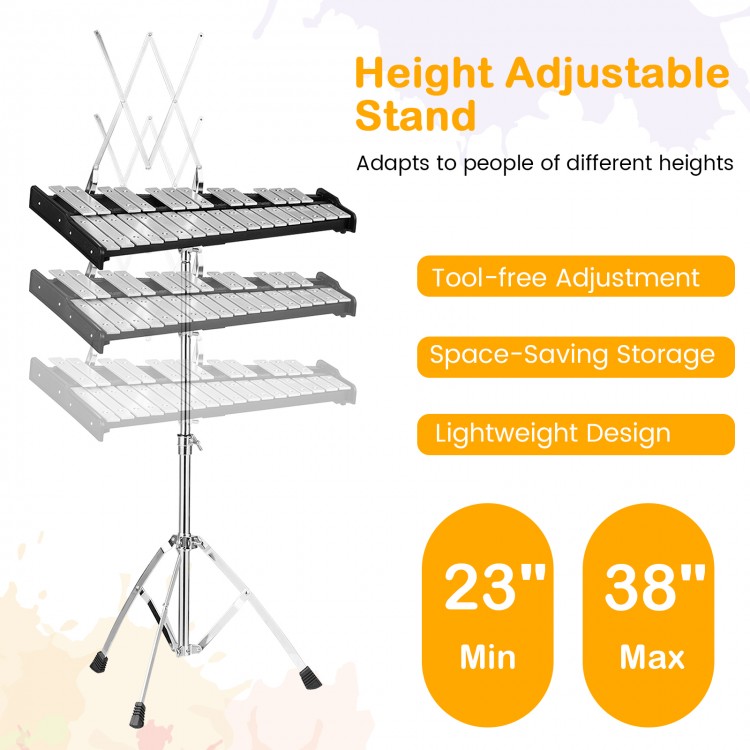 Height adjustable stand for 30 notes percussion, made of metal with a triangular structure, stable from 23" to 38".