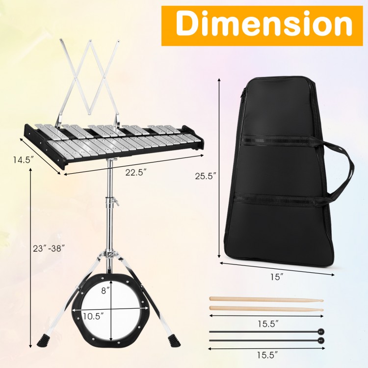 Dimensions of 30-note percussion glockenspiel with adjustable stand, showcasing practice pad, mallets, and carrying bag.