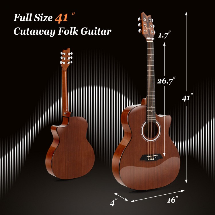 41-inch cutaway acoustic guitar with sapele body, featuring a comfortable C shape neck and adjustable truss rod.