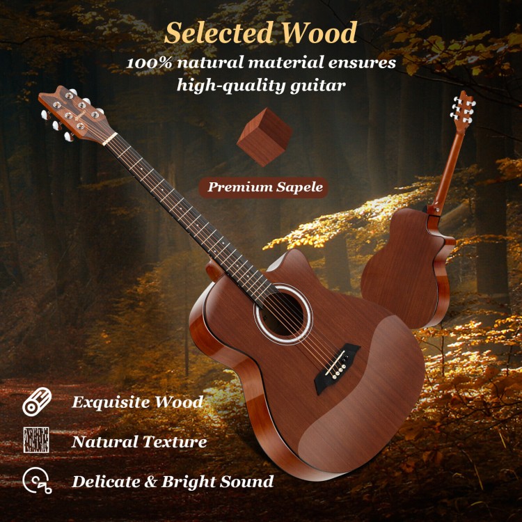 41-inch acoustic guitar with Sapele body, featuring a cutaway design for easy access to higher frets and bright sound.