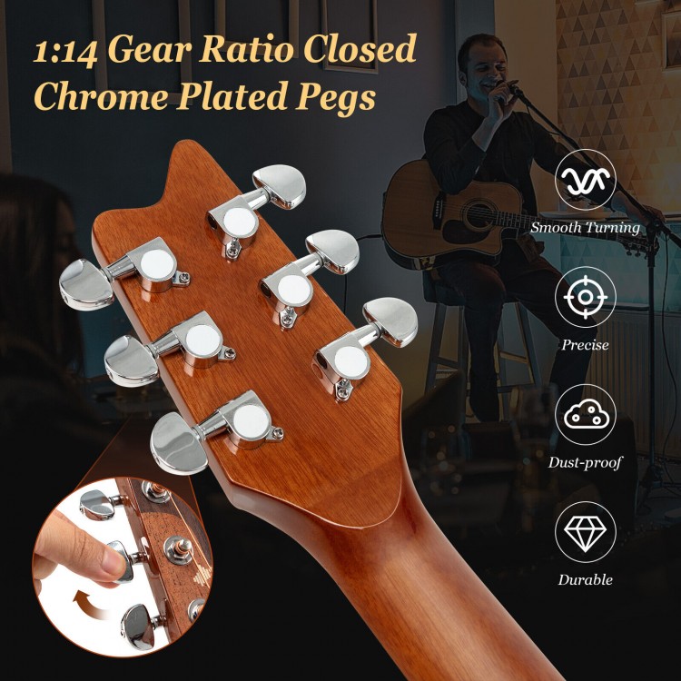 Close-up of 41-inch acoustic guitar's headstock featuring 1:14 gear ratio chrome plated pegs for precise tuning.