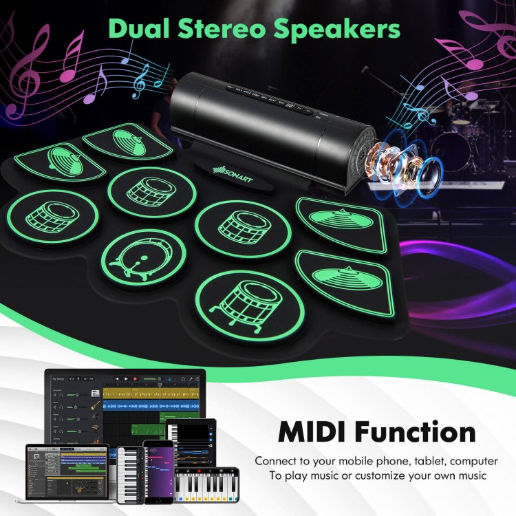 Electronic drum set with dual stereo speakers, featuring 9 rhythms and MIDI function for kids' music enjoyment.