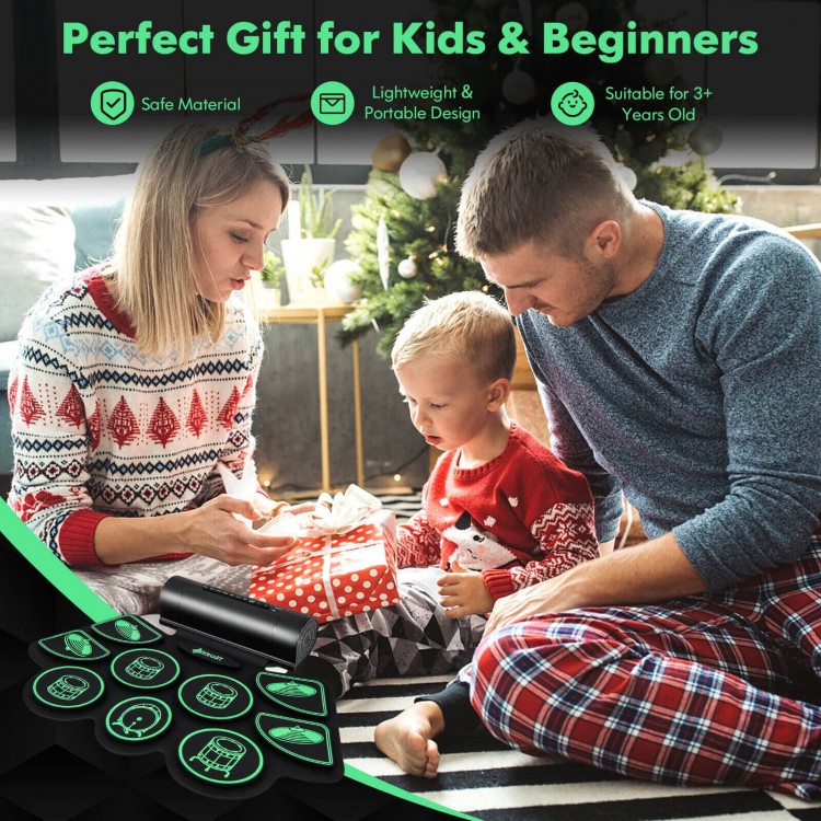 Electronic drum set for kids featuring dual stereo speakers, lightweight design, and 15 speeds for fun music practice.