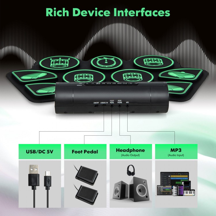 Electronic drum set interface showing USB, headphone, and MP3 connections, designed for kids' music entertainment.