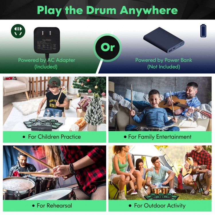 Electronic drum set with dual stereo speakers, designed for kids, perfect for family entertainment and music practice.