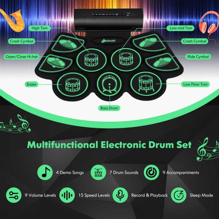 Multifunctional electronic drum set with 9 rhythms, 15 speeds, and dual stereo speakers for kids' music enjoyment.
