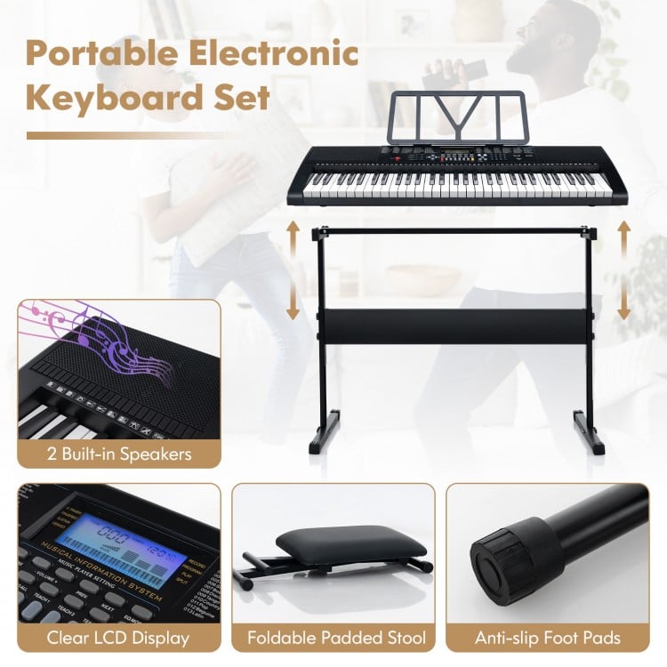 61-key portable electronic keyboard set with stand and stool, featuring 2 built-in speakers and clear LCD display.