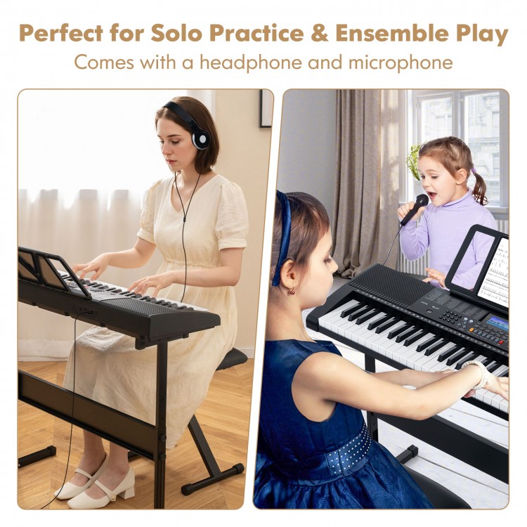 61-key portable electronic keyboard piano with stand and stool, perfect for solo practice and ensemble play.