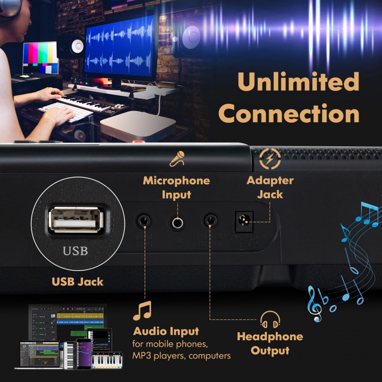 Close-up of the 61-key portable electronic keyboard's USB and audio inputs, ideal for versatile music practice.