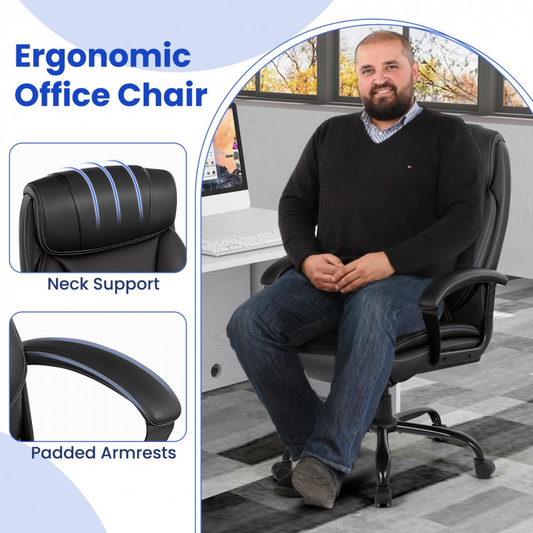 Massage executive office chair in black with neck support, padded armrests, and ergonomic design for ultimate comfort.