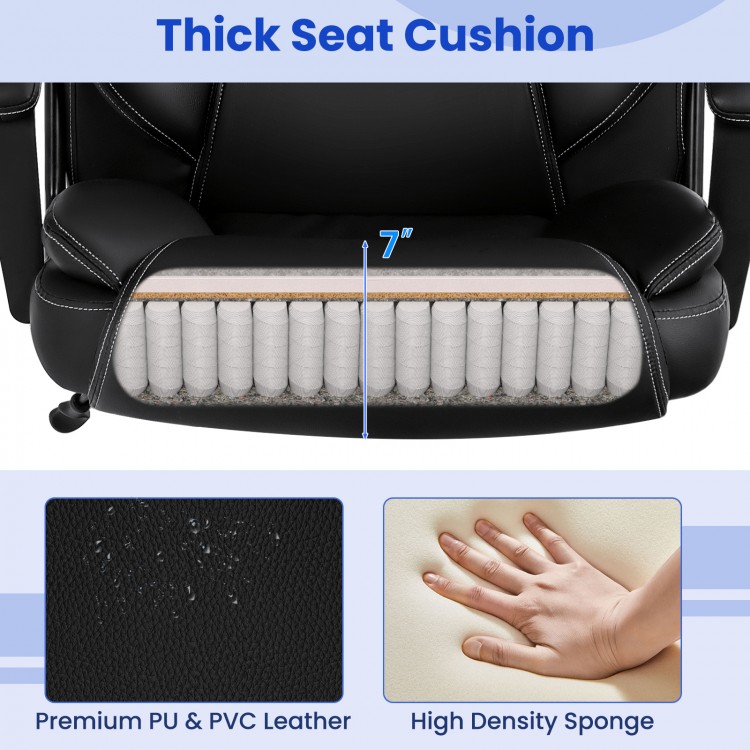 Thick 7-inch seat cushion of a black massage executive office chair with PU and PVC leather for comfort and durability.