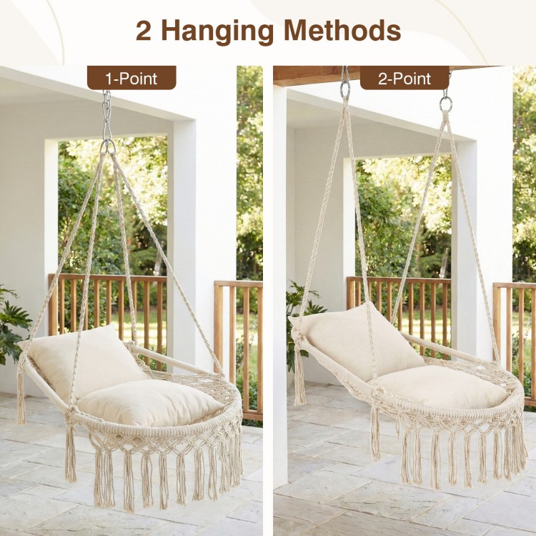 Macrame swing chair hammock with two hanging methods, featuring removable cushions and a chic bohemian style.