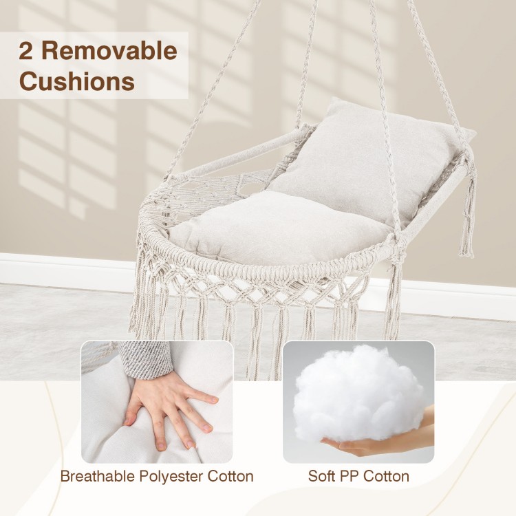 Macrame swing chair with beige removable cushions, featuring breathable polyester cotton for indoor and outdoor comfort.