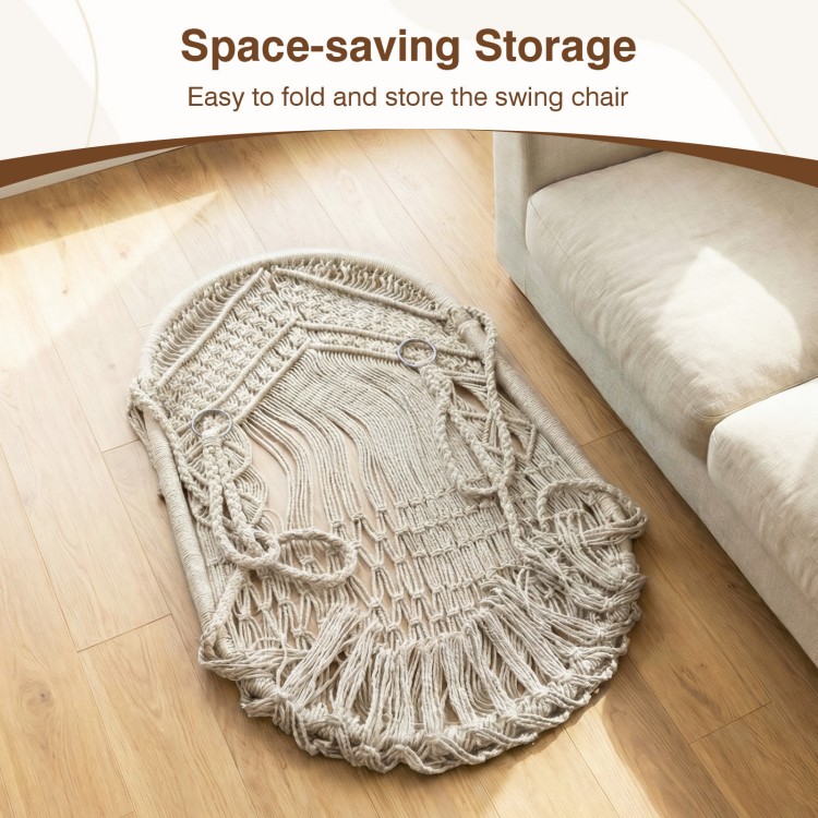 Macrame swing chair in beige, showcasing space-saving storage and removable cushions, perfect for indoor or outdoor use.