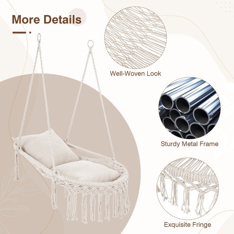 Macrame swing chair with beige removable cushions, sturdy metal frame, and chic bohemian fringes for indoor or outdoor.