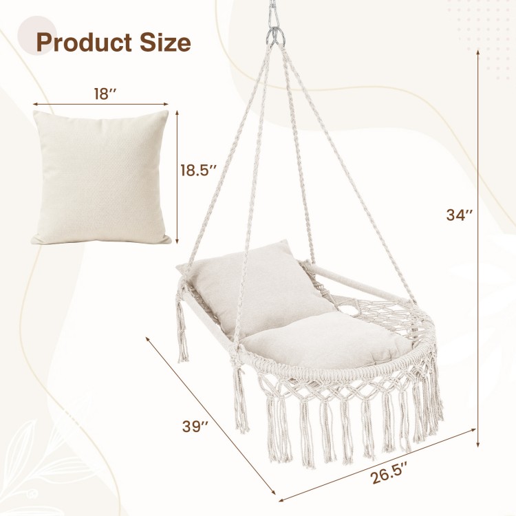 Macrame swing chair hammock in beige with two removable cushions, featuring a sturdy metal frame and bohemian design.