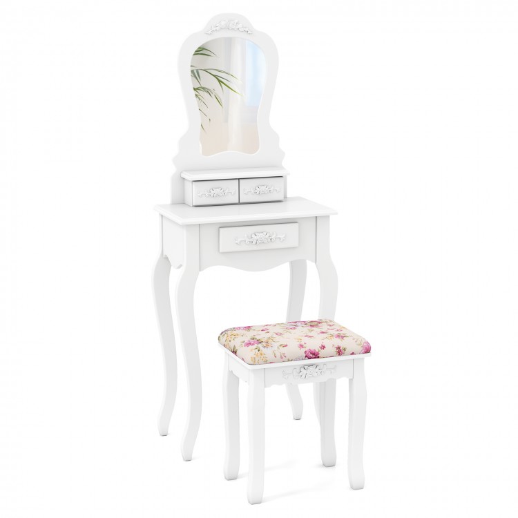 Makeup dressing table with fan-shaped mirror, 3 drawers, and cushioned stool in white for elegant bedroom decor.