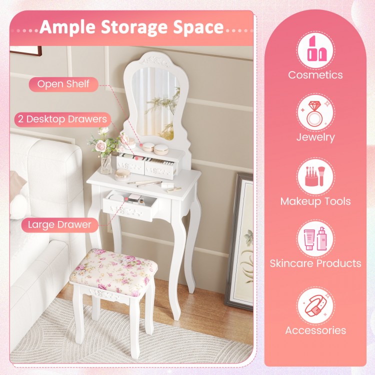 Makeup dressing table with fan-shaped mirror, 3 drawers, and cushioned stool in white for elegant storage and decor.