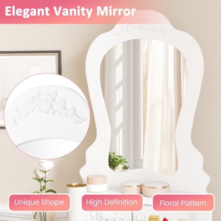 Elegant fan-shaped mirror with floral pattern, part of a white makeup dressing table set with cushioned stool.