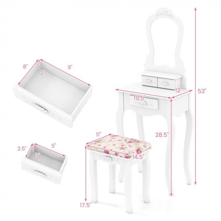 Cushioned stool with floral pattern and curved legs, designed to complement the white makeup dressing table for girls.