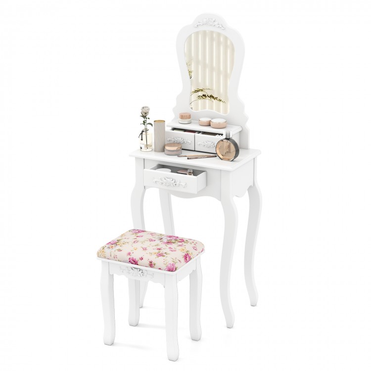 Makeup dressing table with fan-shaped mirror, three drawers, and cushioned stool, perfect for girls' rooms in white.