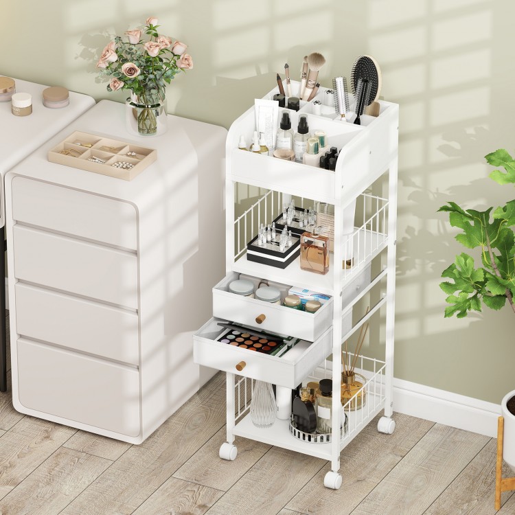 Makeup organizer cart in white with 7 compartments, 2 shelves, and 2 drawers for easy storage of beauty products.