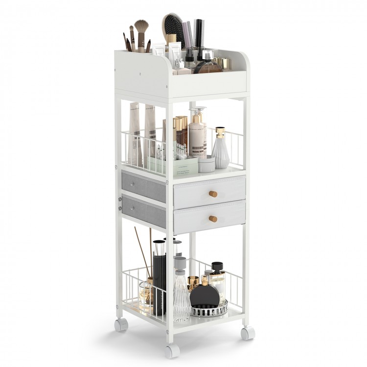 Makeup organizer cart in white with 7 compartments, 2 drawers, and wheels for easy mobility and stylish storage.