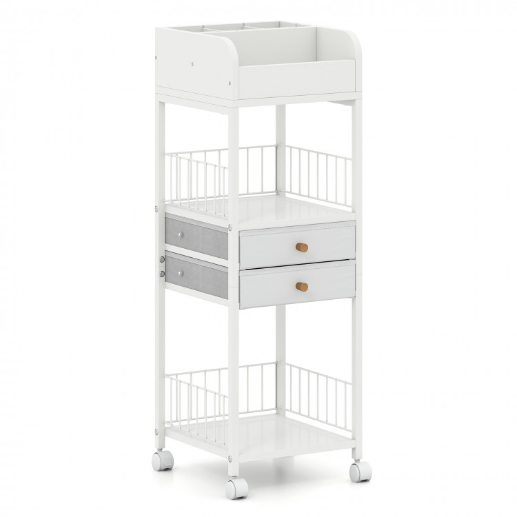 Makeup organizer cart in white featuring 2 storage drawers and a protective fence, ideal for organizing beauty tools.