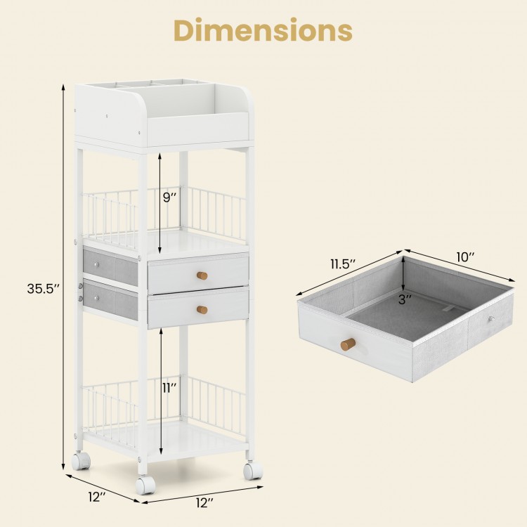 Dimensions of a white makeup organizer cart with 7 compartments, 2 drawers, and wheels for convenient skincare storage.
