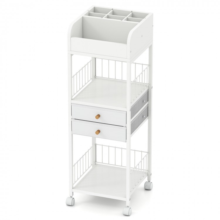 White makeup organizer cart with sleek metal handle, 7 compartments, and 2 storage drawers for organized beauty.