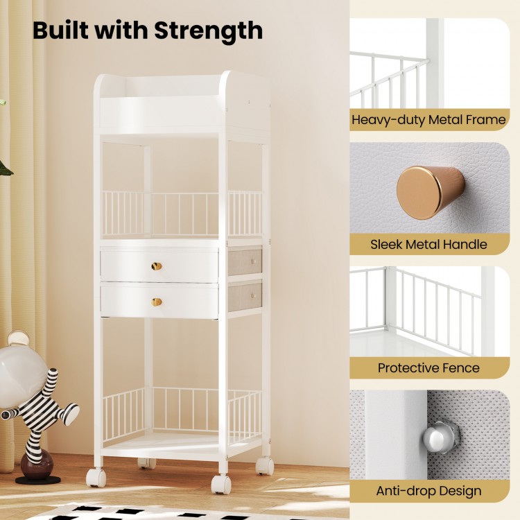 Makeup organizer cart in white with 7 compartments, 2 drawers, and protective fence, perfect for skincare storage.