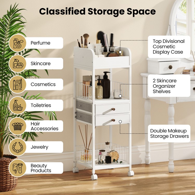 Makeup organizer cart with drawers and shelves in white, perfect for cosmetics and skincare storage in modern homes.