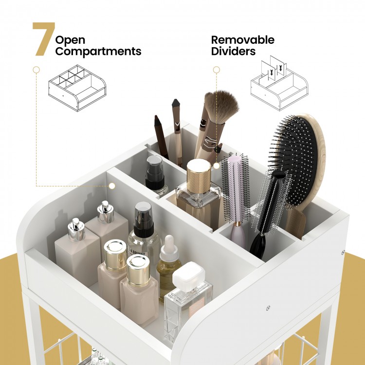 Makeup organizer cart with 7 open compartments, removable dividers, and 2 shelves for skincare and beauty products.
