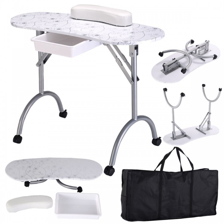 Foldable portable manicure table in white with casters, drawer, and cushion, ideal for nail beauticians and easy.