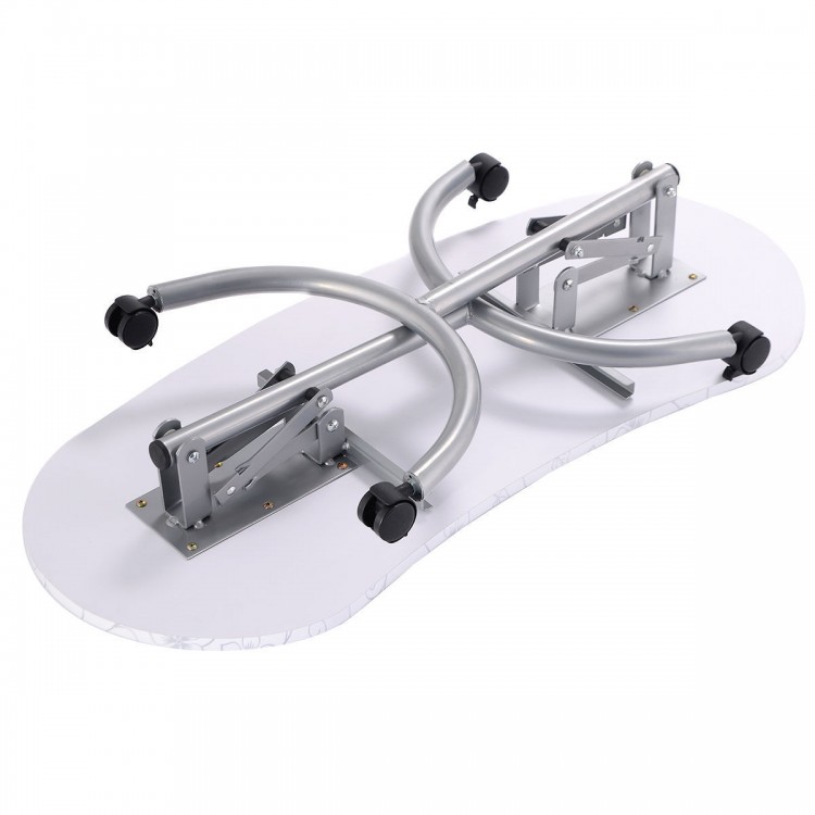 Foldable portable manicure table in white with casters, drawer, and cushioned wrist support for professional use.