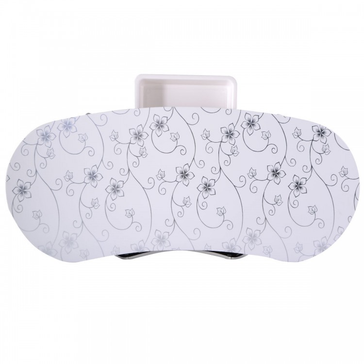 Foldable portable manicure table with floral design, spacious desktop, and comfy wrist cushions for nail beauticians.