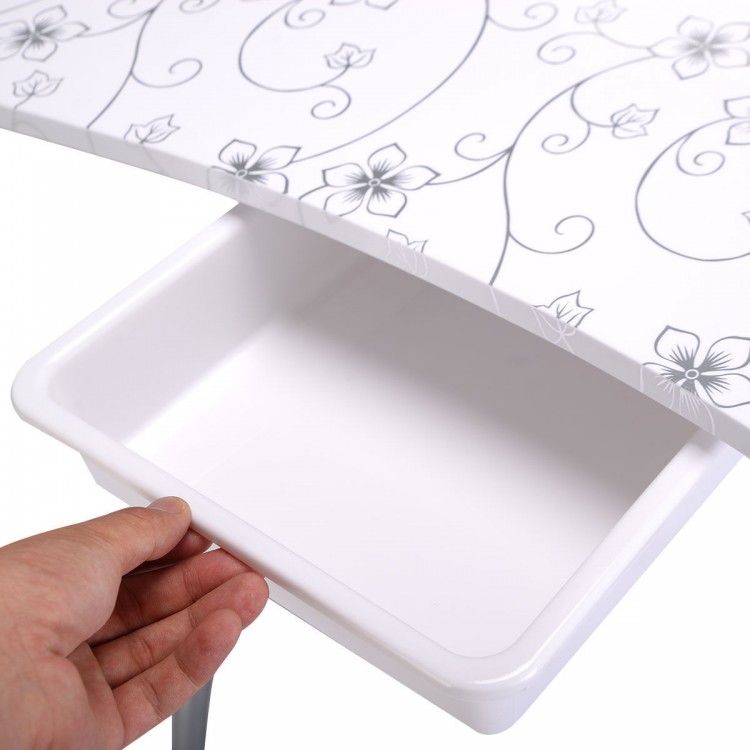 Foldable portable manicure table with white floral design, featuring a durable drawer and comfy wrist cushion for nail.