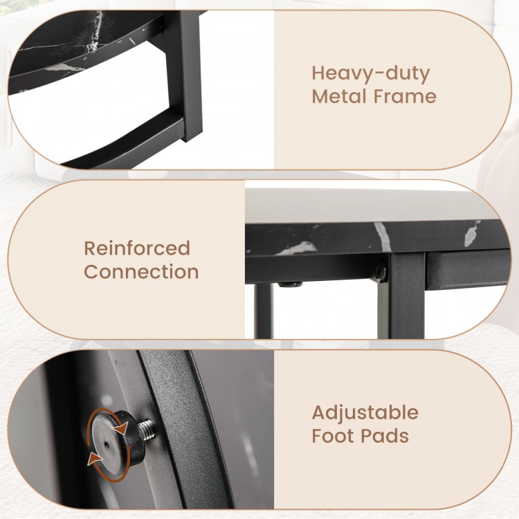 Close-up of the heavy-duty metal frame and adjustable foot pads of the black marble coffee table with open storage.
