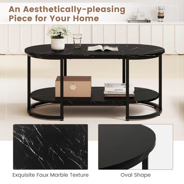 Black marble coffee table featuring a white faux marble pattern and open storage shelf, ideal for modern living rooms.