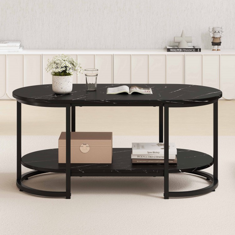 Oval black marble coffee table with open storage shelf, showcasing a stylish white faux marble pattern and sturdy.
