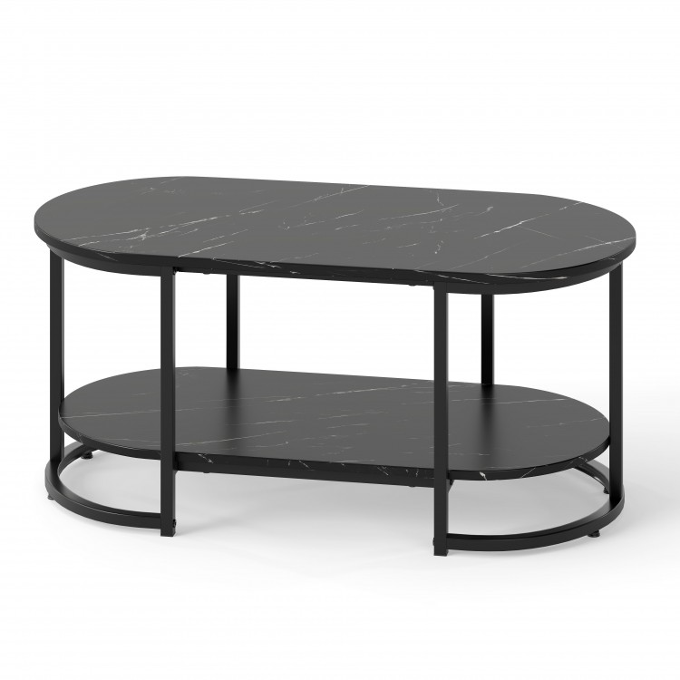 Oval black marble coffee table with open storage shelf, showcasing a chic white faux marble top and sturdy metal frame.