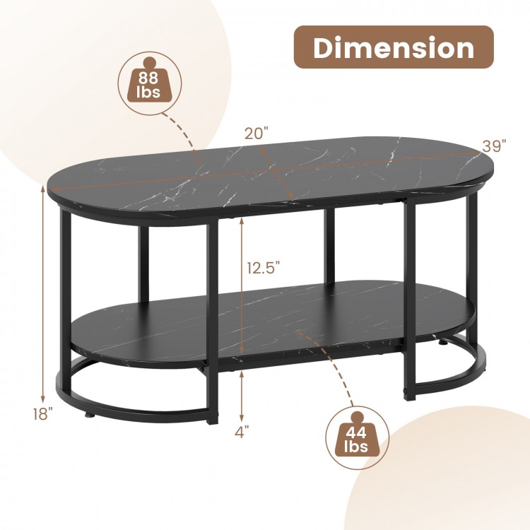 Marble coffee table with open storage shelf, featuring a black faux marble top and gold metal frame, ideal for modern.