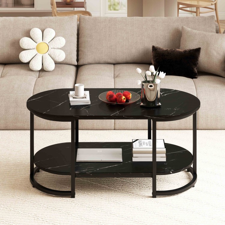 Black marble coffee table with open storage shelf, featuring a modern design and sturdy gold metal tubes for living.